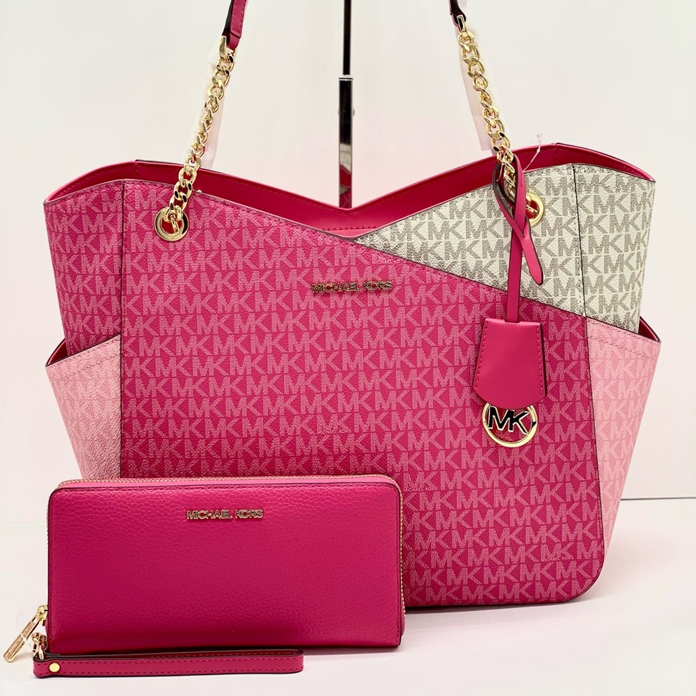 Michael Kors Jet Set Large Logo
Shoulder Bag Chain Tote And Wallet Set Pink - Picture 16 of 16